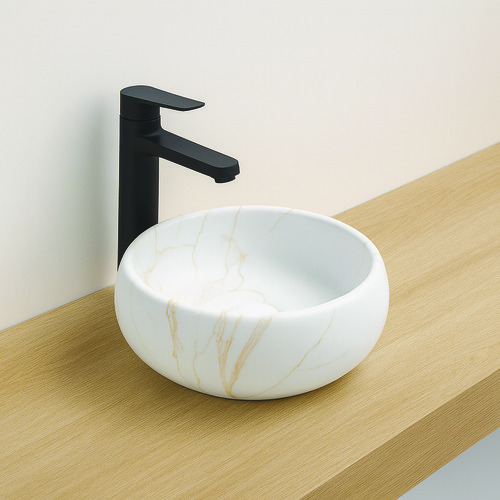 Vasque ronde à poser SORA en céramique Ø36 x h.12 cm - Marbre blanc
